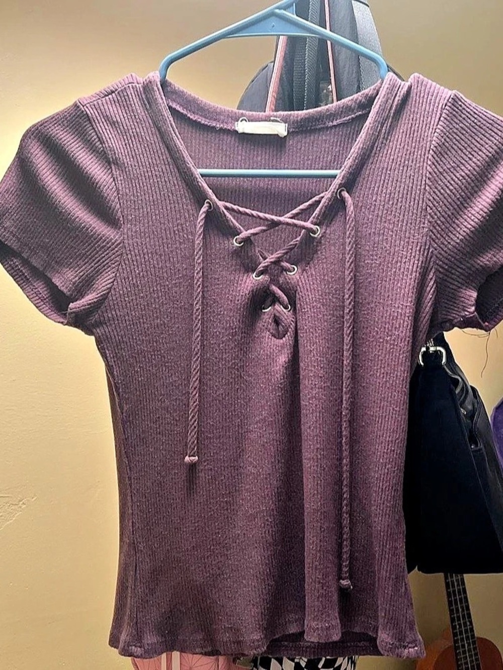 Full Tilt Women's Ribbed Lace-Up Top Purple